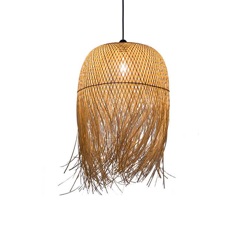 Bamboo Fringed Bell Ceiling Light Asian Style 1��Bulb Wood Hanging Lighting Fixture Clearhalo 'Ceiling Lights' 'Pendant Lights' 'Pendants' Lighting' 2247965