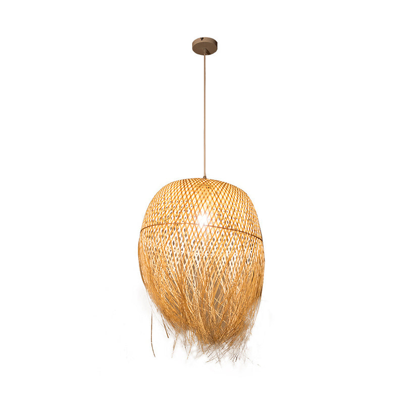 Bamboo Fringed Bell Ceiling Light Asian Style 1��Bulb Wood Hanging Lighting Fixture Clearhalo 'Ceiling Lights' 'Pendant Lights' 'Pendants' Lighting' 2247966