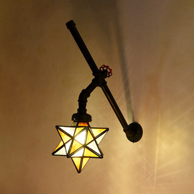 Stained Glass Star Wall Sconce Light Loft Style 1 Light Wall Lighting with Pipe and Valve in Orange/Blue Orange Clearhalo 'Industrial' 'Middle century wall lights' 'Tiffany wall lights' 'Tiffany' 'Wall Lamps & Sconces' 'Wall Lights' Lighting' 22479