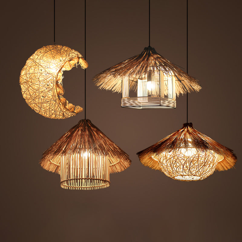 Rattan Shaded Ceiling Light Asian Style 1��Bulb Wood Hanging Lighting Fixture for Restaurant Clearhalo 'Ceiling Lights' 'Pendant Lights' 'Pendants' Lighting' 2248041