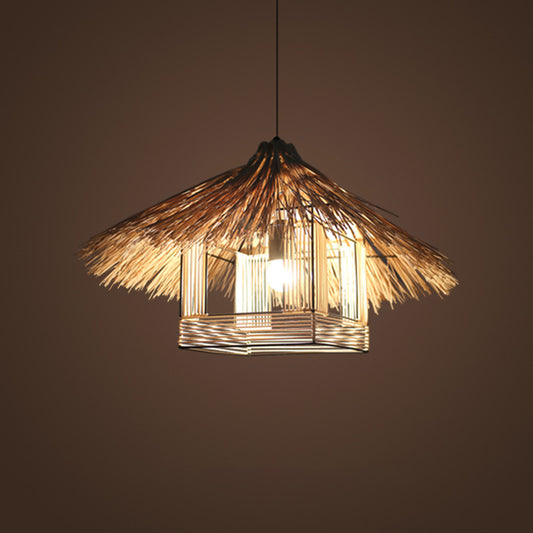 Rattan Shaded Ceiling Light Asian Style 1��Bulb Wood Hanging Lighting Fixture for Restaurant Clearhalo 'Ceiling Lights' 'Pendant Lights' 'Pendants' Lighting' 2248043
