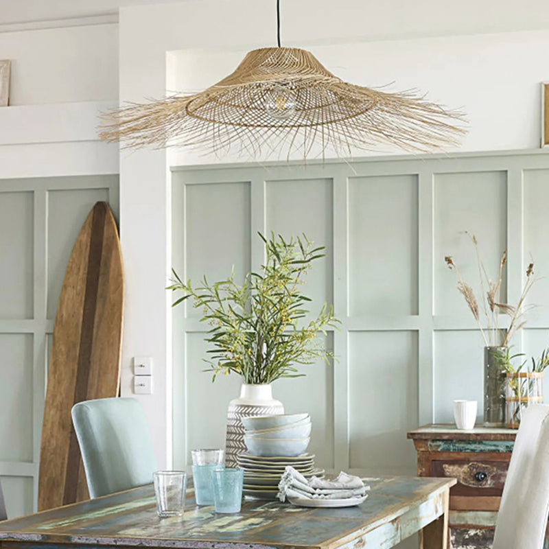 Straw Hat Rattan Ceiling Light Modern Single Wood Hanging Pendant Light for Restaurant Clearhalo 'Ceiling Lights' 'Pendant Lights' 'Pendants' Lighting' 2248063