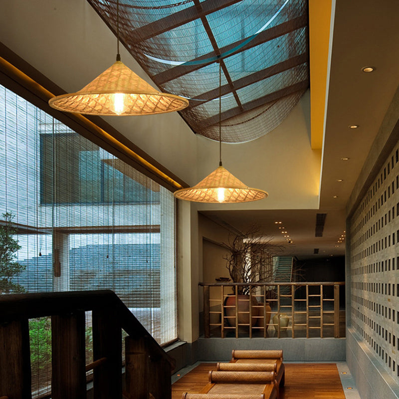 Wood Straw Hat Suspension Light Simplicity 1-Light Bamboo Pendant Lighting Fixture Clearhalo 'Ceiling Lights' 'Pendant Lights' 'Pendants' Lighting' 2248086
