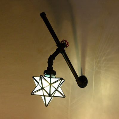 Stained Glass Star Wall Sconce Light Loft Style 1 Light Wall Lighting with Pipe and Valve in Orange/Blue Blue Clearhalo 'Industrial' 'Middle century wall lights' 'Tiffany wall lights' 'Tiffany' 'Wall Lamps & Sconces' 'Wall Lights' Lighting' 22480