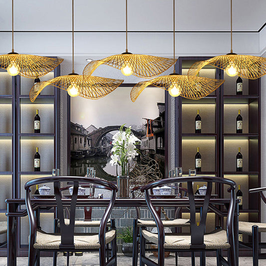 Lotus Leaf Bamboo Pendant Light Contemporary Single-Bulb Wood Suspension Light Fixture Wood
