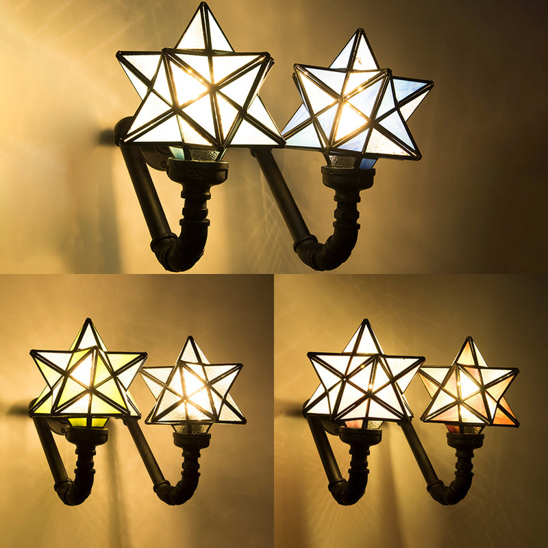 Rustic Loft Style Star Sconce Lamp Stained Glass Double Wall Lighting in Pink/Green/Blue for Kitchen Clearhalo 'Industrial' 'Middle century wall lights' 'Tiffany wall lights' 'Tiffany' 'Wall Lamps & Sconces' 'Wall Lights' Lighting' 22482