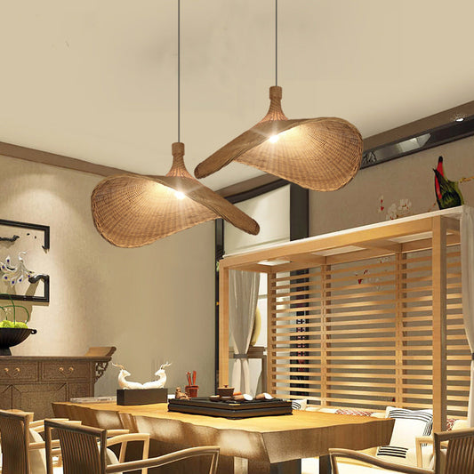 Hat Shaped Bamboo Ceiling Lighting Asian Style 1 Bulb Wood Hanging Light for Restaurant Clearhalo 'Ceiling Lights' 'Lighting' 'Pendant Lights' 2248218_66c5db57-48ab-45d6-b745-891c2dcd4023