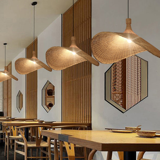 Hat Shaped Bamboo Ceiling Lighting Asian Style 1 Bulb Wood Hanging Light for Restaurant Clearhalo 'Ceiling Lights' 'Lighting' 'Pendant Lights' 2248223_b6b238b1-725f-435b-a51a-9d6716dc8c85