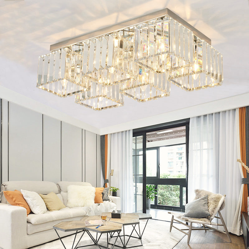 Crystal Square/Rectangle Flush Light Simplicity 4/6 Heads Chrome Ceiling Mount Light Fixture for Living Room 6 Chrome Clearhalo 'Ceiling Lights' 'Close To Ceiling Lights' 'Close to ceiling' 'Flush mount' Lighting' 224824