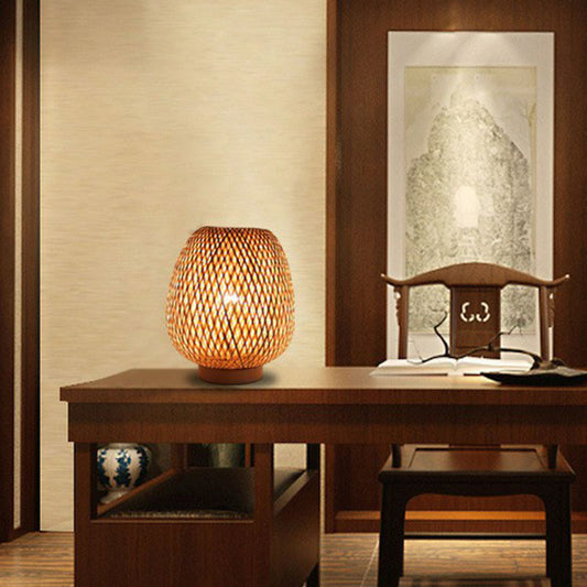 Lantern Nightstand Lamp Contemporary Handwoven Bamboo Single-Bulb Restaurant Table Light in Wood Clearhalo 'Lamps' 'Table Lamps' Lighting' 2248243