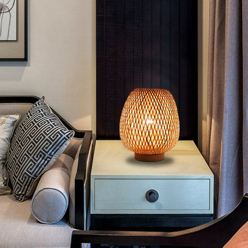 Lantern Nightstand Lamp Contemporary Handwoven Bamboo Single-Bulb Restaurant Table Light in Wood Clearhalo 'Lamps' 'Table Lamps' Lighting' 2248245