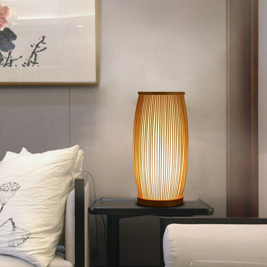 Barrel Living Room Table Lighting Bamboo 1-Light Simplicity Nightstand Lamp in Wood Clearhalo 'Lamps' 'Table Lamps' Lighting' 2248251