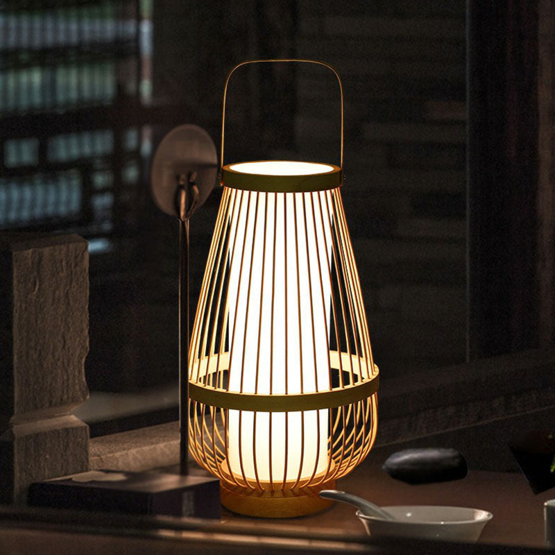 Basket Shaped Bamboo Table Lamp Minimalist 1 Head Wood Nightstand Light for Restaurant Clearhalo 'Lamps' 'Table Lamps' Lighting' 2248262