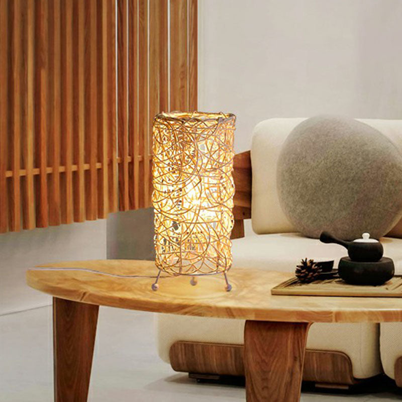 Modern Style Cylindrical Table Light Rattan Single-Bulb Living Room Nightstand Lighting Clearhalo 'Lamps' 'Table Lamps' Lighting' 2248270