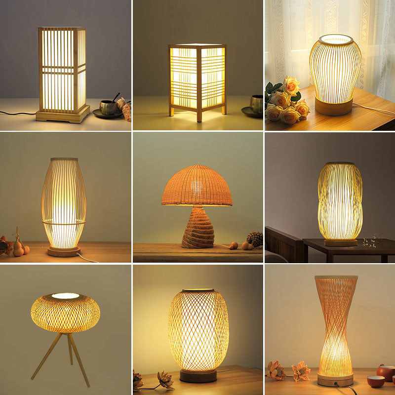 Shaded Nightstand Lamp Contemporary Bamboo Single Tea Room Table Lighting in Wood Clearhalo 'Lamps' 'Table Lamps' Lighting' 2248274