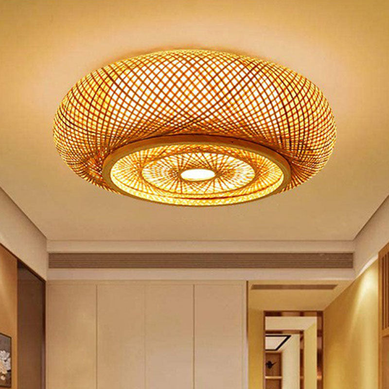 Rounded Drum Flush Ceiling Light Contemporary Bamboo Single Bedroom Flush Mount Lighting Fixture in Wood Clearhalo 'Ceiling Lights' 'Close To Ceiling Lights' 'Close to ceiling' 'Flush mount' Lighting' 2248326