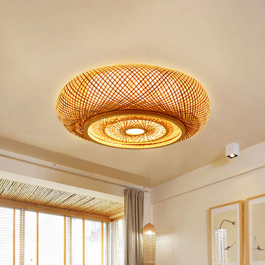 Rounded Drum Flush Ceiling Light Contemporary Bamboo Single Bedroom Flush Mount Lighting Fixture in Wood Clearhalo 'Ceiling Lights' 'Close To Ceiling Lights' 'Close to ceiling' 'Flush mount' Lighting' 2248328