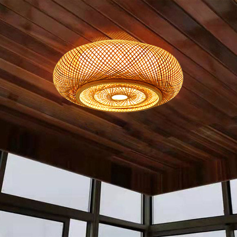Rounded Drum Flush Ceiling Light Contemporary Bamboo Single Bedroom Flush Mount Lighting Fixture in Wood Clearhalo 'Ceiling Lights' 'Close To Ceiling Lights' 'Close to ceiling' 'Flush mount' Lighting' 2248329