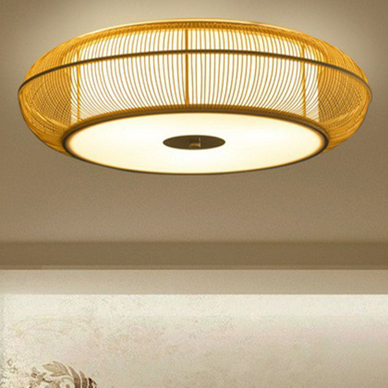 Handwoven Bamboo Curved Drum Flush Light Asian Style 1��Bulb Flush Ceiling Light Fixture