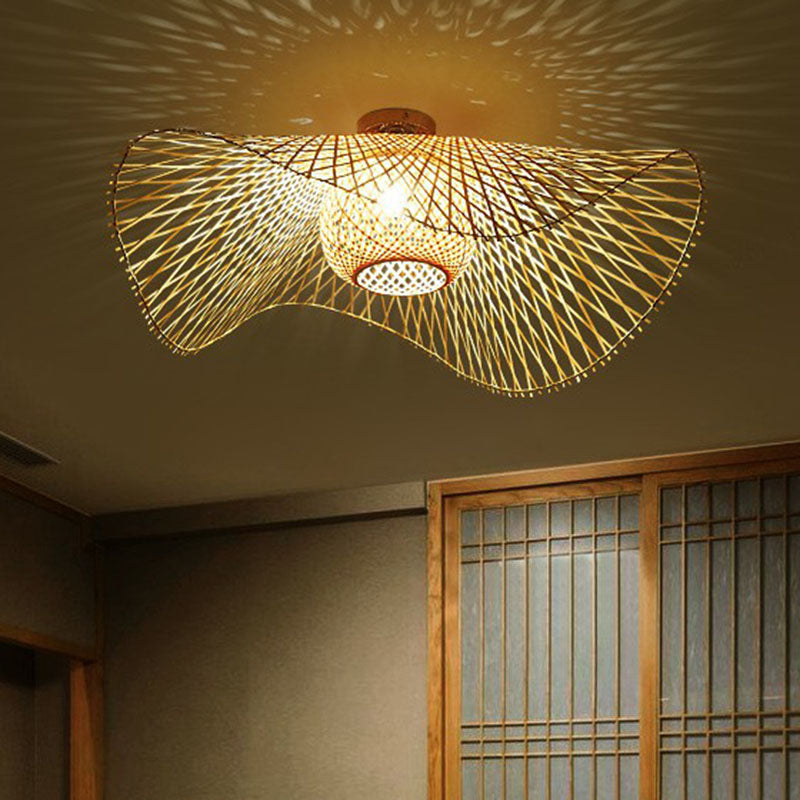 Straw Hat Flush Mount South-east Asia Bamboo Single Wood Flushmount Ceiling Light for Restaurant Clearhalo 'Ceiling Lights' 'Close To Ceiling Lights' 'Close to ceiling' 'Flush mount' Lighting' 2248348