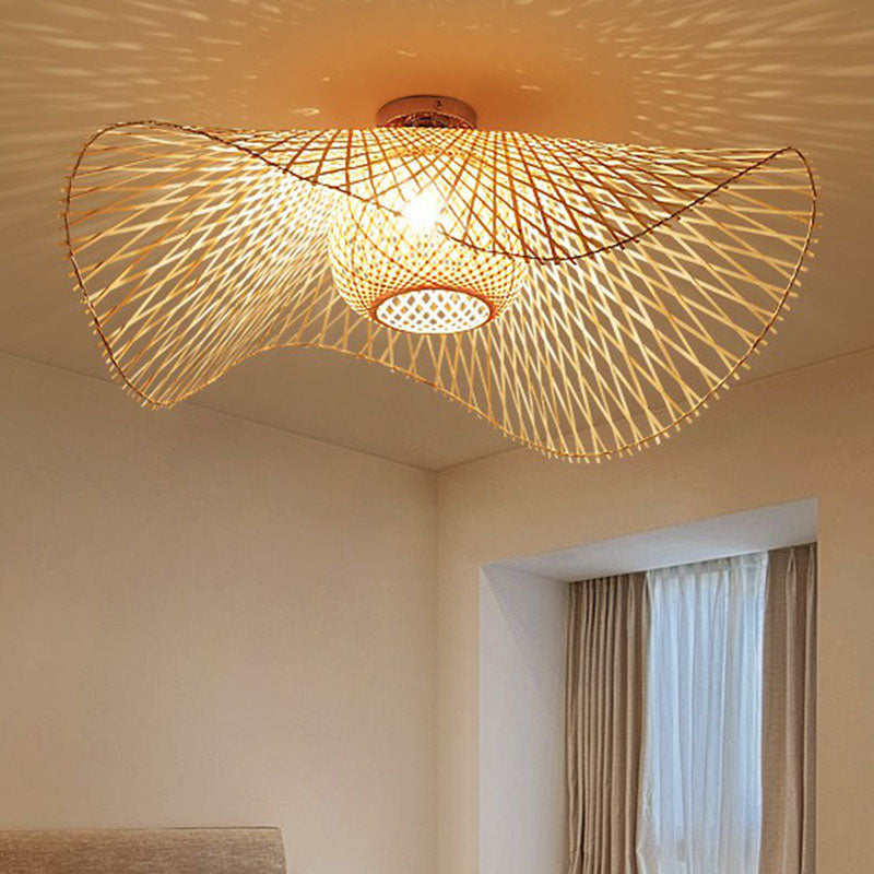 Straw Hat Flush Mount South-east Asia Bamboo Single Wood Flushmount Ceiling Light for Restaurant Clearhalo 'Ceiling Lights' 'Close To Ceiling Lights' 'Close to ceiling' 'Flush mount' Lighting' 2248350
