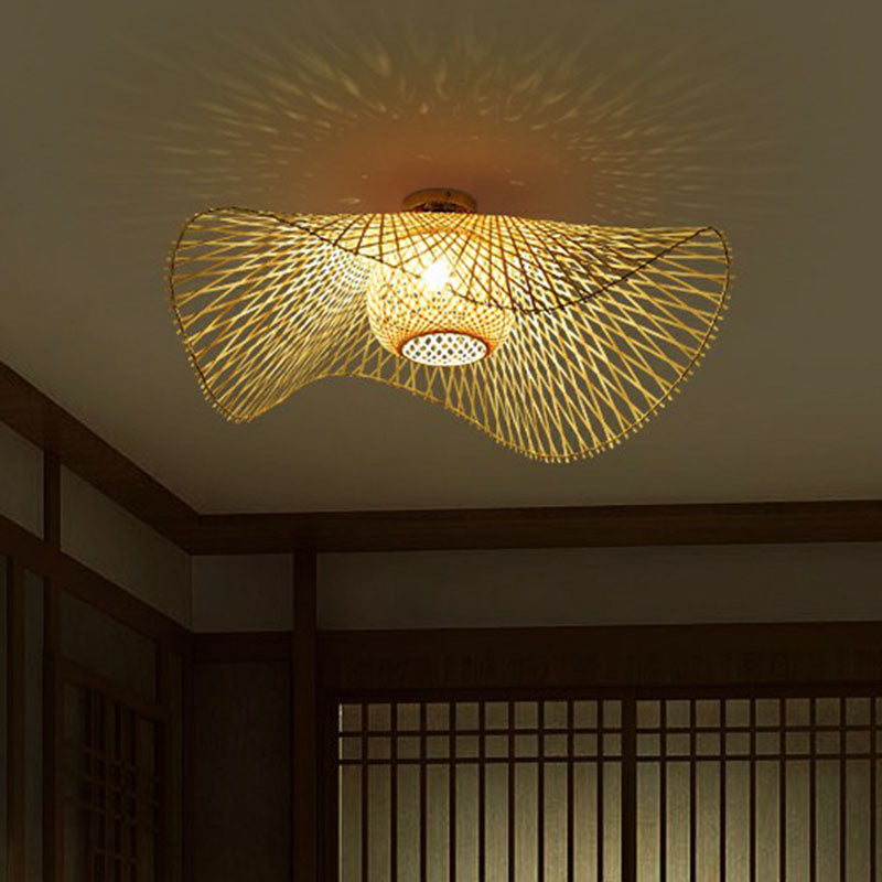 Straw Hat Flush Mount South-east Asia Bamboo Single Wood Flushmount Ceiling Light for Restaurant Clearhalo 'Ceiling Lights' 'Close To Ceiling Lights' 'Close to ceiling' 'Flush mount' Lighting' 2248351