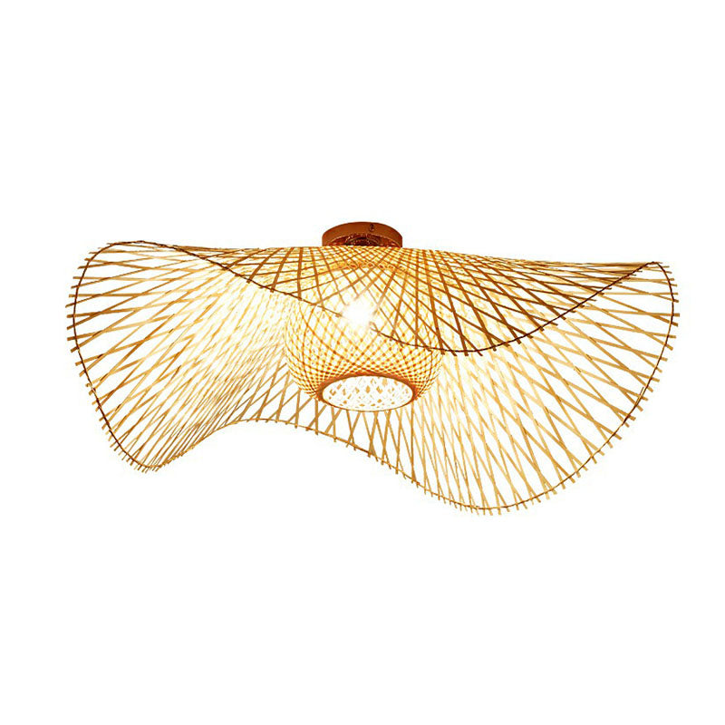 Straw Hat Flush Mount South-east Asia Bamboo Single Wood Flushmount Ceiling Light for Restaurant Clearhalo 'Ceiling Lights' 'Close To Ceiling Lights' 'Close to ceiling' 'Flush mount' Lighting' 2248352