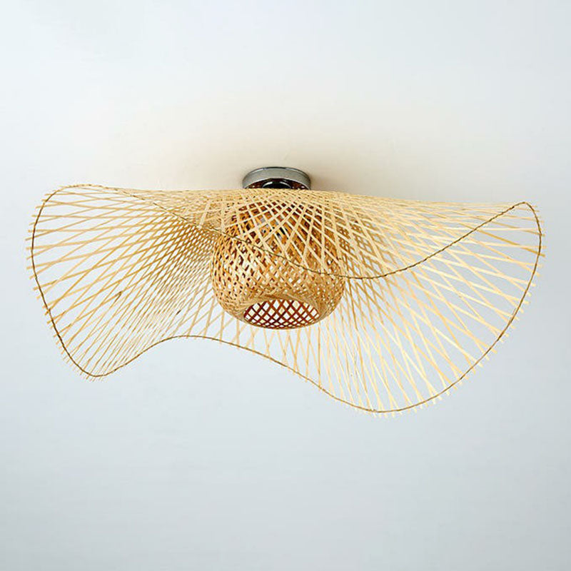 Straw Hat Flush Mount South-east Asia Bamboo Single Wood Flushmount Ceiling Light for Restaurant Clearhalo 'Ceiling Lights' 'Close To Ceiling Lights' 'Close to ceiling' 'Flush mount' Lighting' 2248353