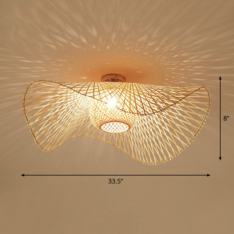 Straw Hat Flush Mount South-east Asia Bamboo Single Wood Flushmount Ceiling Light for Restaurant Wood 33.5" Clearhalo 'Ceiling Lights' 'Close To Ceiling Lights' 'Close to ceiling' 'Flush mount' Lighting' 2248354