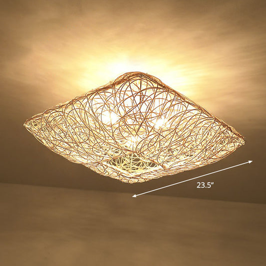 Japanese Square Flush Ceiling Light Rattan 3 Heads Bedroom Flush Mount Lighting in Wood Wood 23.5" Clearhalo 'Ceiling Lights' 'Close To Ceiling Lights' 'Close to ceiling' 'Flush mount' Lighting' 2248361