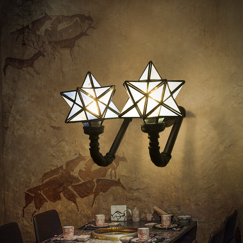 Rustic Loft Style Star Sconce Lamp Stained Glass Double Wall Lighting in Pink/Green/Blue for Kitchen Blue Clearhalo 'Industrial' 'Middle century wall lights' 'Tiffany wall lights' 'Tiffany' 'Wall Lamps & Sconces' 'Wall Lights' Lighting' 22484