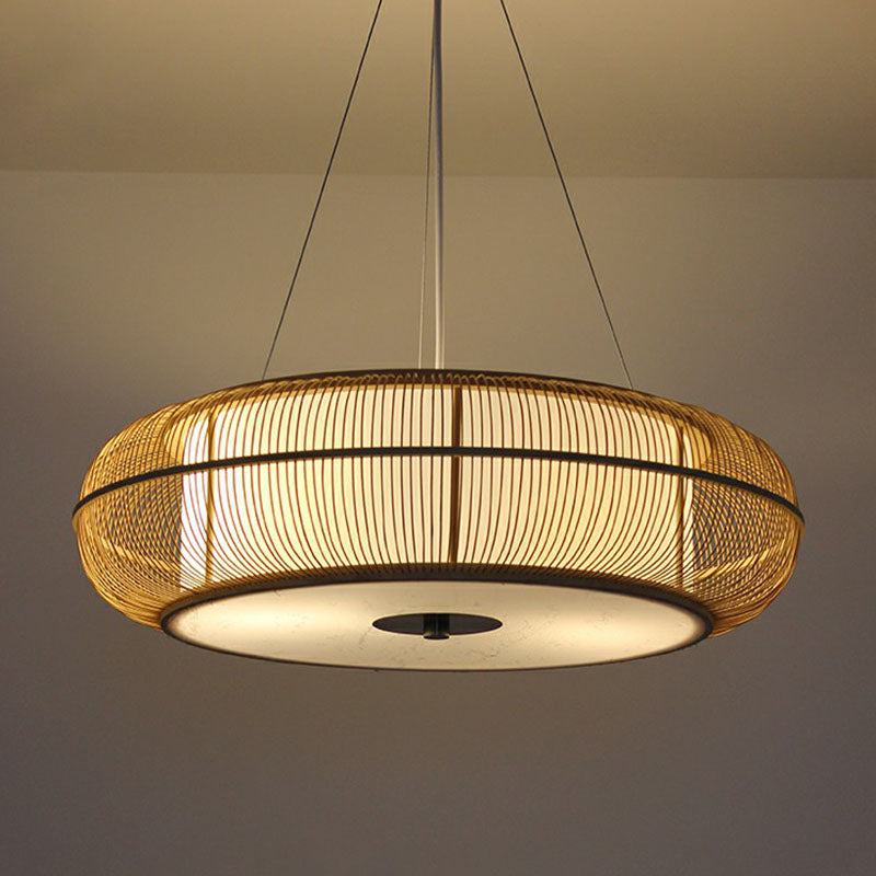 Curved Drum Suspension Light South-east Asian Bamboo Tea Room Chandelier Lighting Clearhalo 'Ceiling Lights' 'Chandeliers' Lighting' options 2248407
