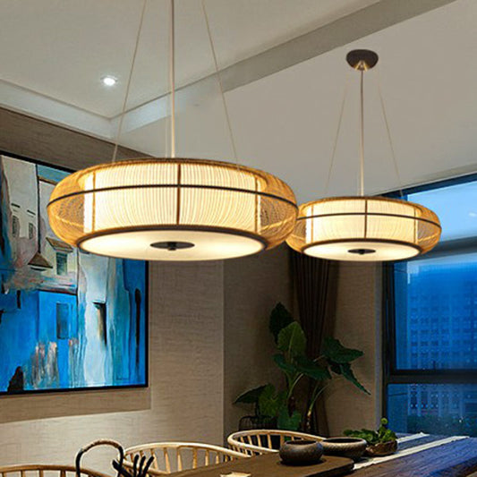 Curved Drum Suspension Light South-east Asian Bamboo Tea Room Chandelier Lighting Wood