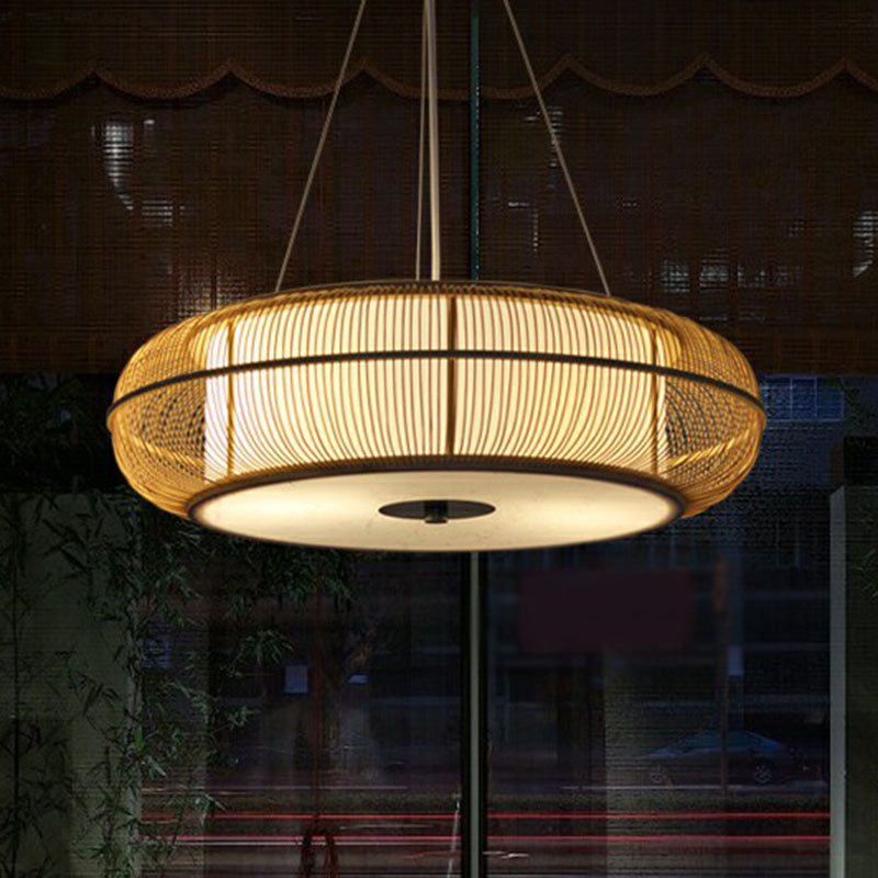 Curved Drum Suspension Light South-east Asian Bamboo Tea Room Chandelier Lighting Clearhalo 'Ceiling Lights' 'Chandeliers' Lighting' options 2248409