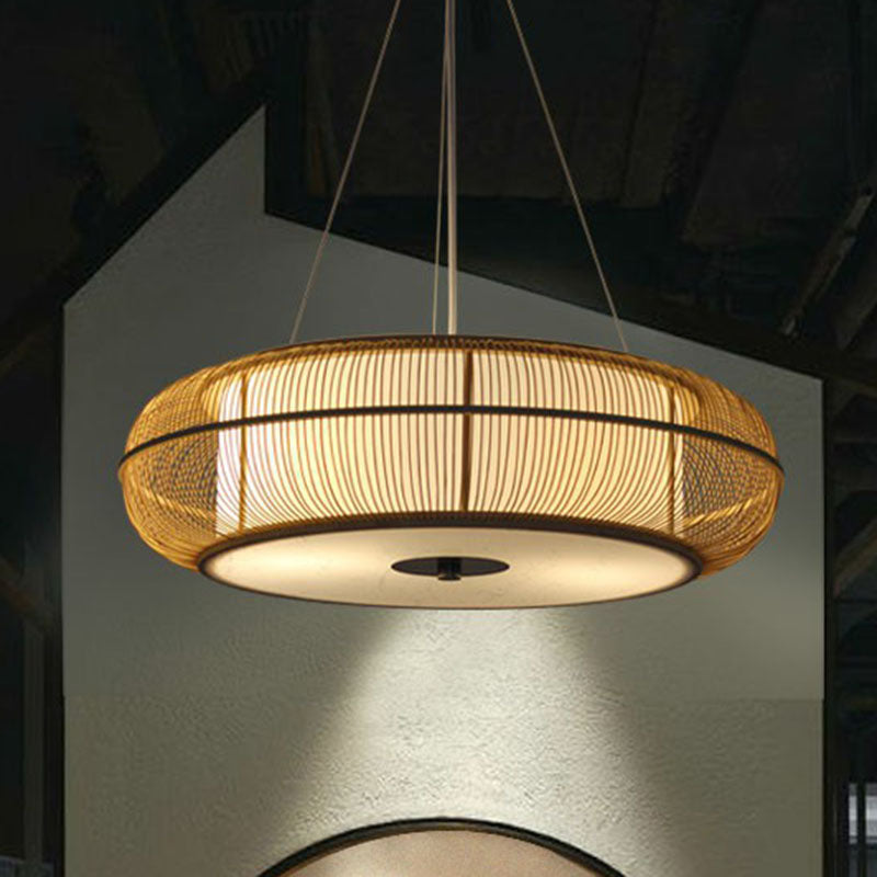 Curved Drum Suspension Light South-east Asian Bamboo Tea Room Chandelier Lighting Clearhalo 'Ceiling Lights' 'Chandeliers' Lighting' options 2248411