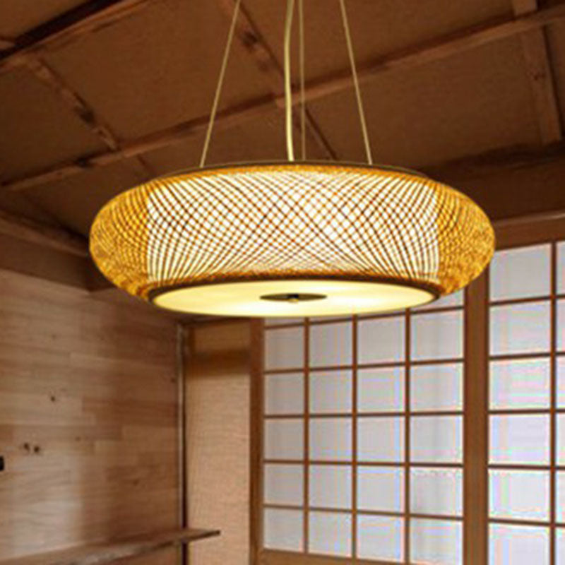 Rounded Drum Restaurant Chandelier Lighting Bamboo 3 Bulbs Minimalist Pendant Light in Wood Clearhalo 'Ceiling Lights' 'Chandeliers' Lighting' options 2248417