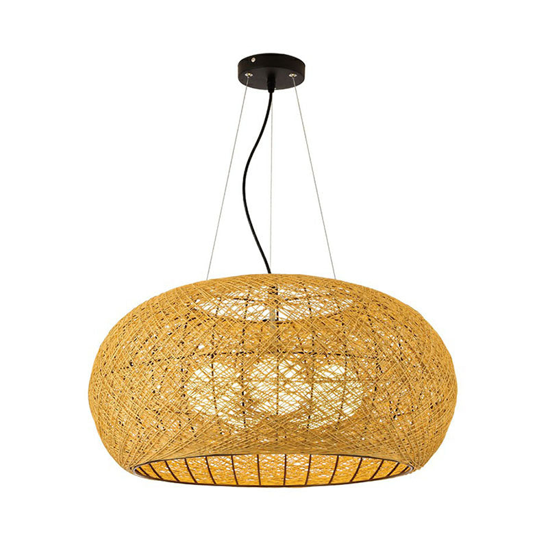 Rattan Curved Drum Ceiling Lighting South-east Asia 3 Heads Chandelier Light Fixture Clearhalo 'Ceiling Lights' 'Chandeliers' Lighting' options 2248431