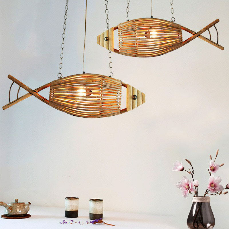 Bamboo Fish Suspension Light Asian Style Single Chandelier Light in Wood for Restaurant Clearhalo 'Ceiling Lights' 'Chandeliers' Lighting' options 2248451