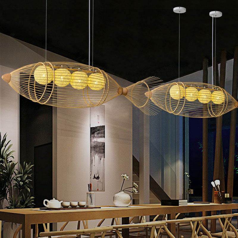 Contemporary Fish Chandelier Pendant Light Bamboo Tea Room Hanging Lighting in Wood Clearhalo 'Ceiling Lights' 'Chandeliers' Lighting' options 2248479