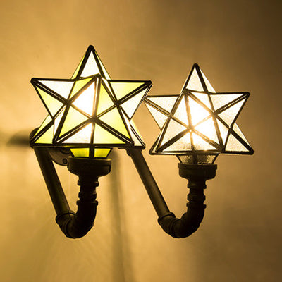 Rustic Loft Style Star Sconce Lamp Stained Glass Double Wall Lighting in Pink/Green/Blue for Kitchen Green Clearhalo 'Industrial' 'Middle century wall lights' 'Tiffany wall lights' 'Tiffany' 'Wall Lamps & Sconces' 'Wall Lights' Lighting' 22486