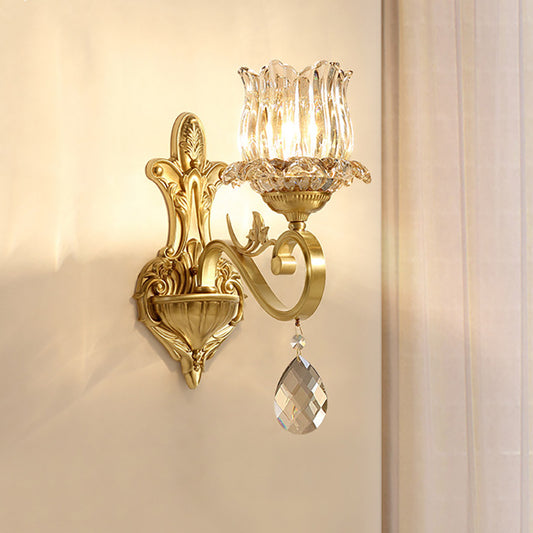 Clear Crystal Petal Wall Lighting Contemporary 1 Light Wall Sconce Lamp with Carved Arm in Gold for Corridor Clearhalo 'Modern wall lights' 'Modern' 'Wall Lamps & Sconces' 'Wall Lights' Lighting' 224946
