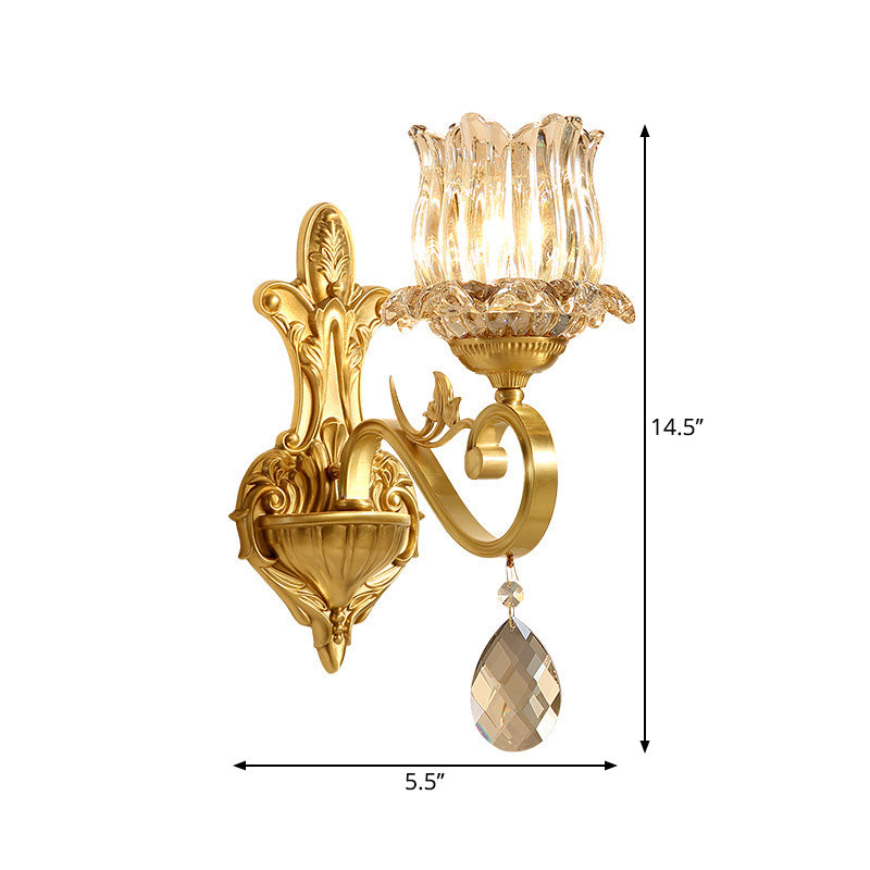 Clear Crystal Petal Wall Lighting Contemporary 1 Light Wall Sconce Lamp with Carved Arm in Gold for Corridor Clearhalo 'Modern wall lights' 'Modern' 'Wall Lamps & Sconces' 'Wall Lights' Lighting' 224948