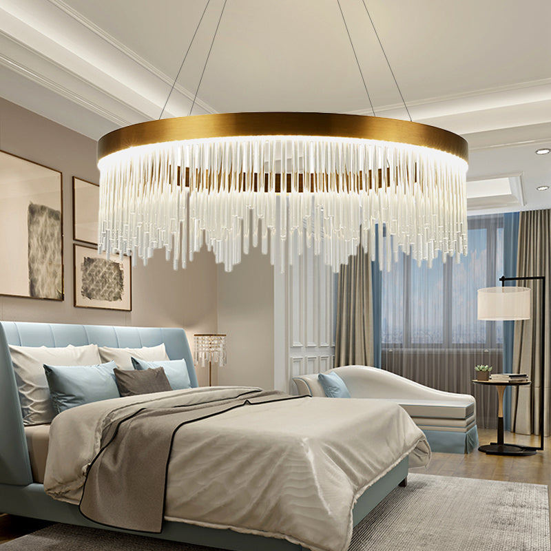 16"/23.5"/31.5" Dia Simple Ring Crystal Icicles Chandelier LED Bedroom Hanging Ceiling Light in Gold Gold 31.5" Clearhalo 'Ceiling Lights' 'Chandeliers' 'Modern Chandeliers' 'Modern' Lighting' 225072
