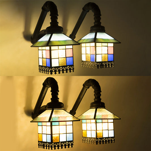 2 Heads House Wall Mount Light Tiffany Loft Style Stained Glass Wall Lighting with Pipe in Blue/Clear Clearhalo 'Industrial' 'Middle century wall lights' 'Tiffany wall lights' 'Tiffany' 'Wall Lamps & Sconces' 'Wall Lights' Lighting' 22507
