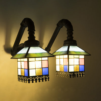2 Heads House Wall Mount Light Tiffany Loft Style Stained Glass Wall Lighting with Pipe in Blue/Clear Blue Clearhalo 'Industrial' 'Middle century wall lights' 'Tiffany wall lights' 'Tiffany' 'Wall Lamps & Sconces' 'Wall Lights' Lighting' 22508