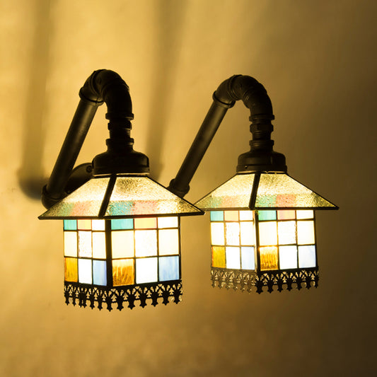 2 Heads House Wall Mount Light Tiffany Loft Style Stained Glass Wall Lighting with Pipe in Blue/Clear Clear Clearhalo 'Industrial' 'Middle century wall lights' 'Tiffany wall lights' 'Tiffany' 'Wall Lamps & Sconces' 'Wall Lights' Lighting' 22509