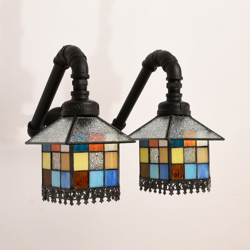 2 Heads House Wall Mount Light Tiffany Loft Style Stained Glass Wall Lighting with Pipe in Blue/Clear Clearhalo 'Industrial' 'Middle century wall lights' 'Tiffany wall lights' 'Tiffany' 'Wall Lamps & Sconces' 'Wall Lights' Lighting' 22510