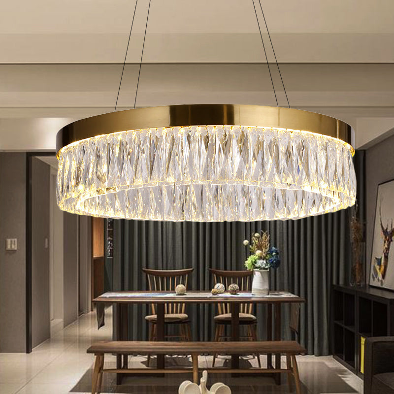 23.5"/31.5" Dia Simple Ring Ribbed Crystal Pendant Chandelier LED Gold Hanging Lamp for Dining Room Gold 23.5" Clearhalo 'Ceiling Lights' 'Chandeliers' 'Modern Chandeliers' 'Modern' Lighting' 225229