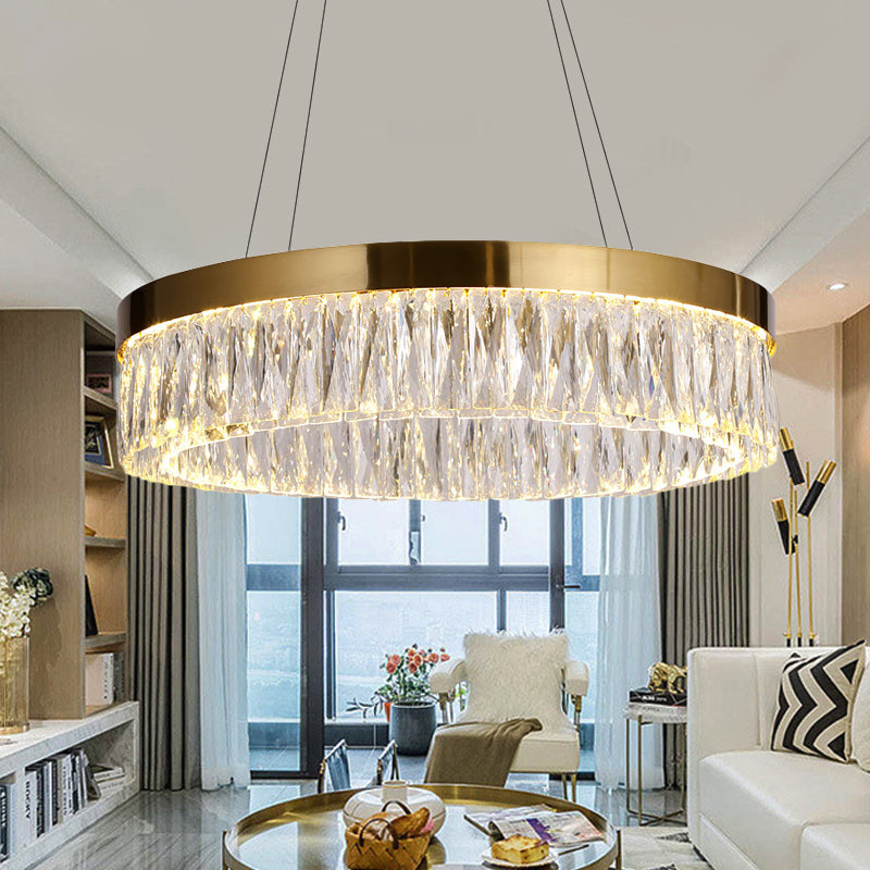 23.5"/31.5" Dia Simple Ring Ribbed Crystal Pendant Chandelier LED Gold Hanging Lamp for Dining Room Clearhalo 'Ceiling Lights' 'Chandeliers' 'Modern Chandeliers' 'Modern' Lighting' 225231