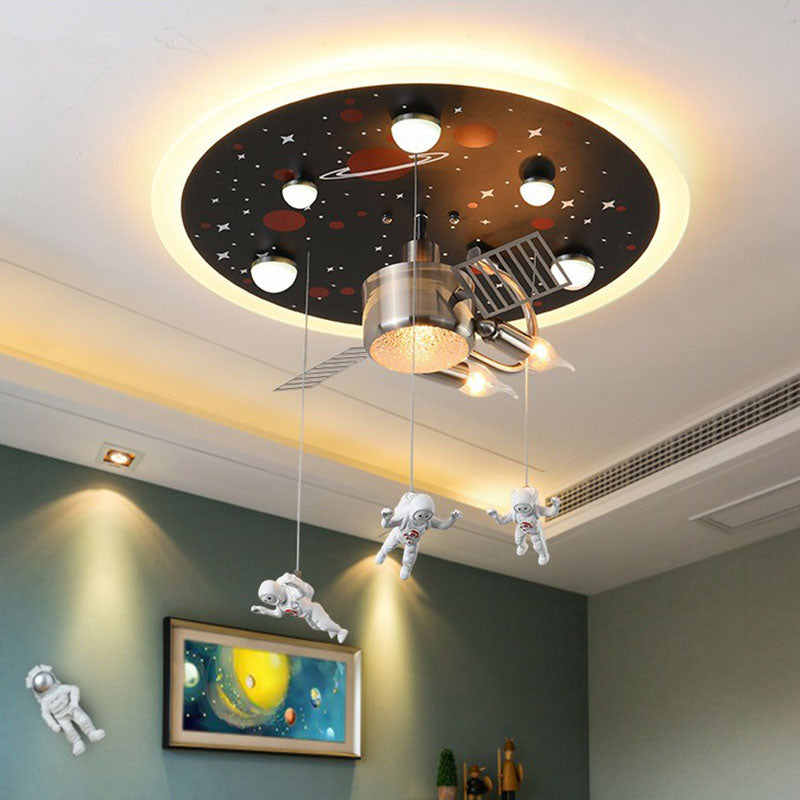 Metallic Space Ship Flush Mount Lighting Kids Style LED Flush Mount with Astronaut Decor in Black Clearhalo 'Ceiling Lights' 'Close To Ceiling Lights' 'Close to ceiling' 'Flush mount' Lighting' 2252993